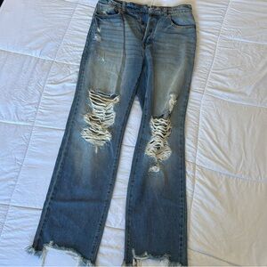 Distressed High Waisted Straight Leg Jeans - Blue